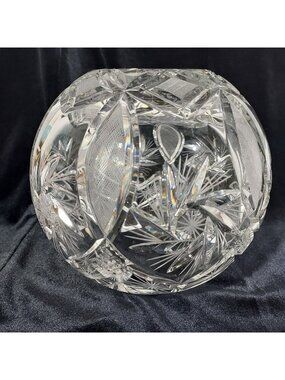 Rose Bowl Handcut Blown Crystal Clear Signatures Lead Heavy Ball Vase Elizbeth